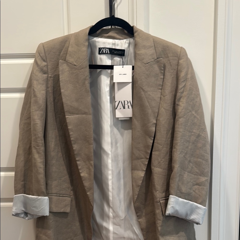 Zara Beige Blazer with Striped Cuffs
